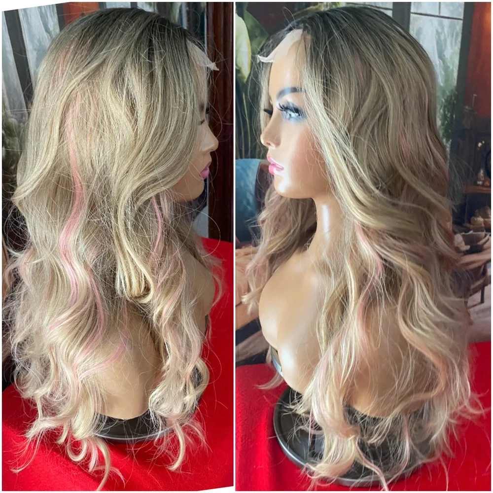 NEW Pink ribbon Highlights Center lace blonde wig-